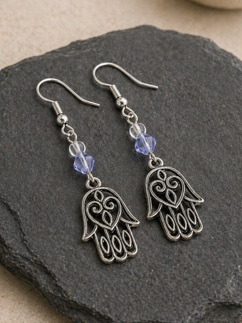 Handmade Hamsa Earrings with Blue Crystal - Picture 3 of 5